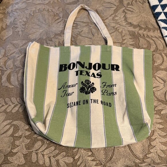 Sézane Bonjour Texas Green and White Striped Tote Bag - Picture 1 of 2
